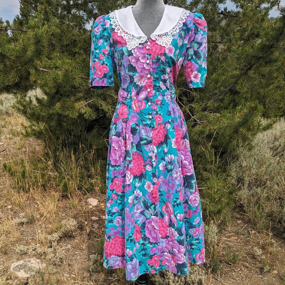 Vintage 80s Garden Floral Dress 16 (L) Button Front Cottagecore Midi Drop Waist